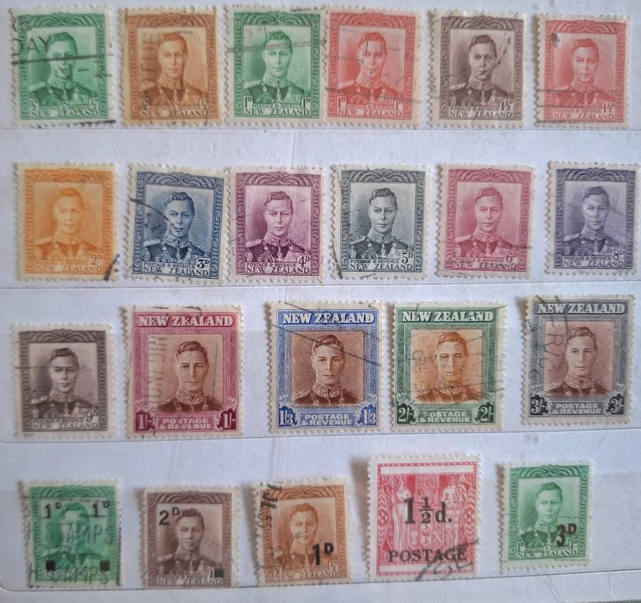 New Zealand 1938 George VI Set of 17 Used stamps plus 5 Overprint Provisionals