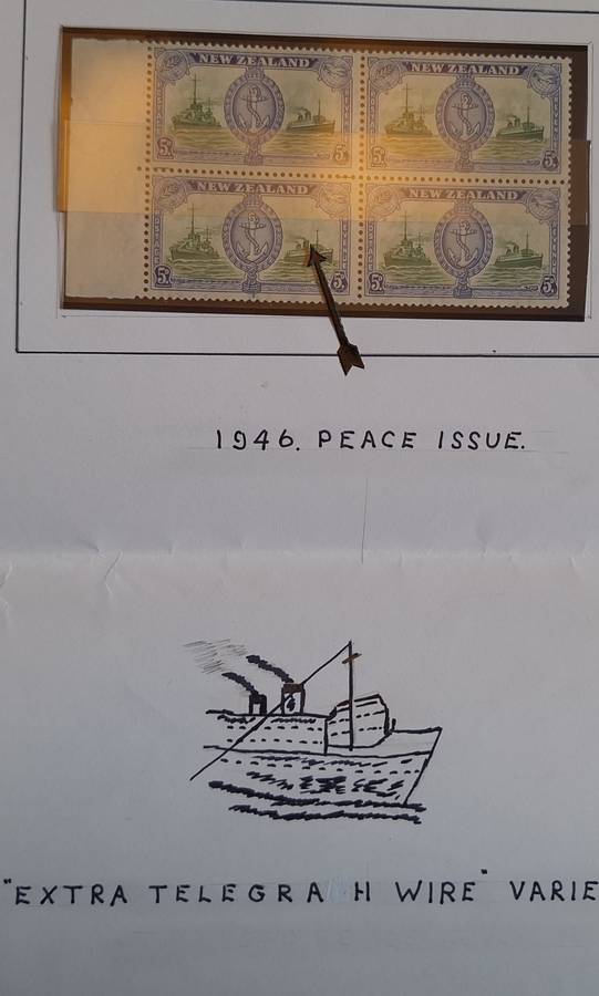 New Zealand 1946 Peace Issue 5d Block of 4 Mint stamps Extra Telegraph Wire Variety