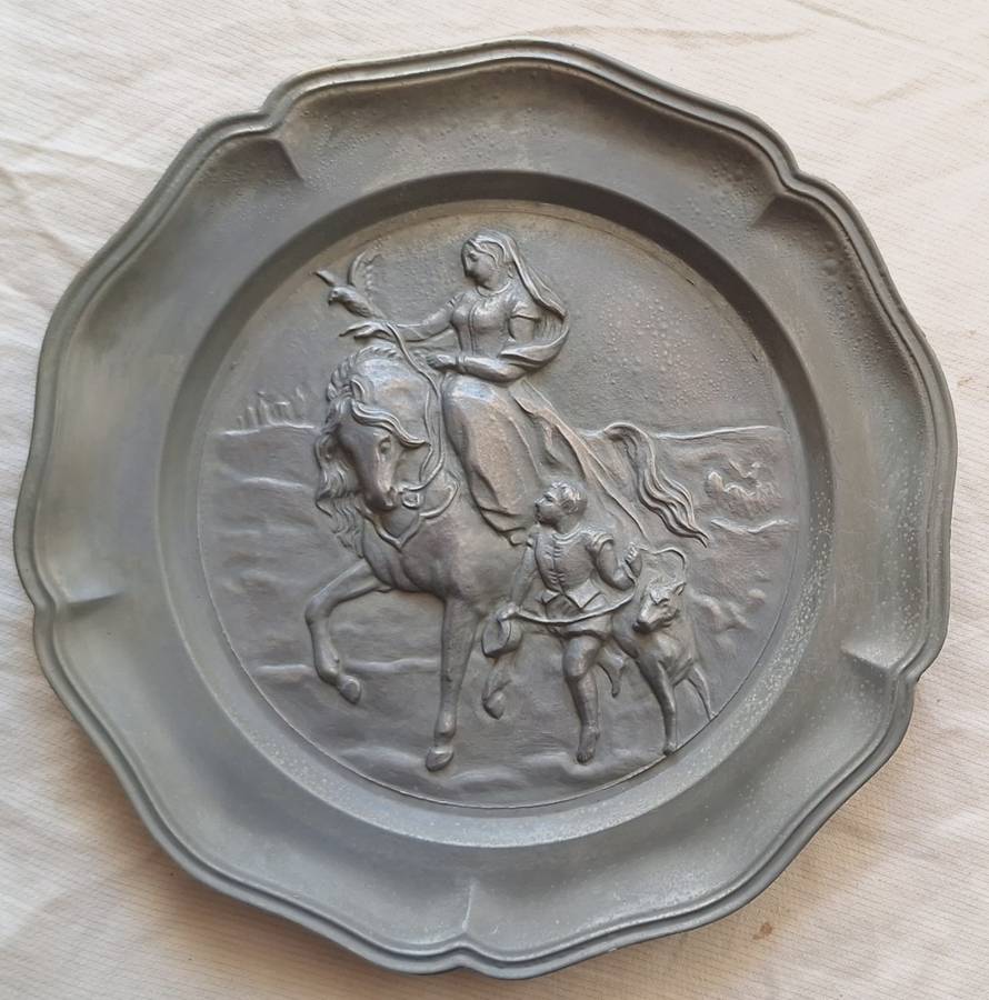 Vintage European Pewter Wall Plate with Woman on Horse