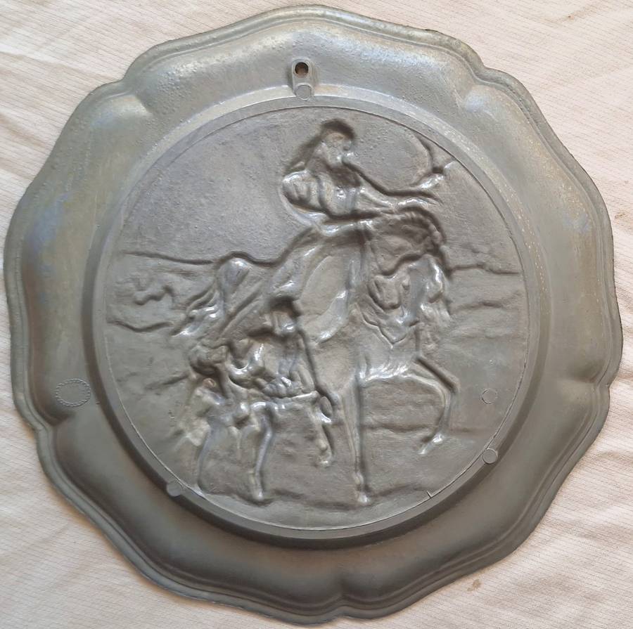 Vintage European Pewter Wall Plate with Woman on Horse