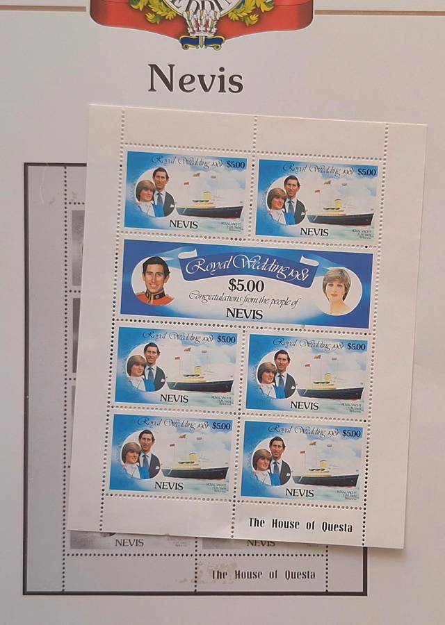 Official Royal Wedding 1981 Album Page NEVIS with Mint Sheetlet of 6 x $5.00 stamps