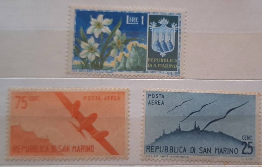 San Marino 1946 Wings Over Mt. Titano and 1953 Flowers 3 Unused Hinged stamps