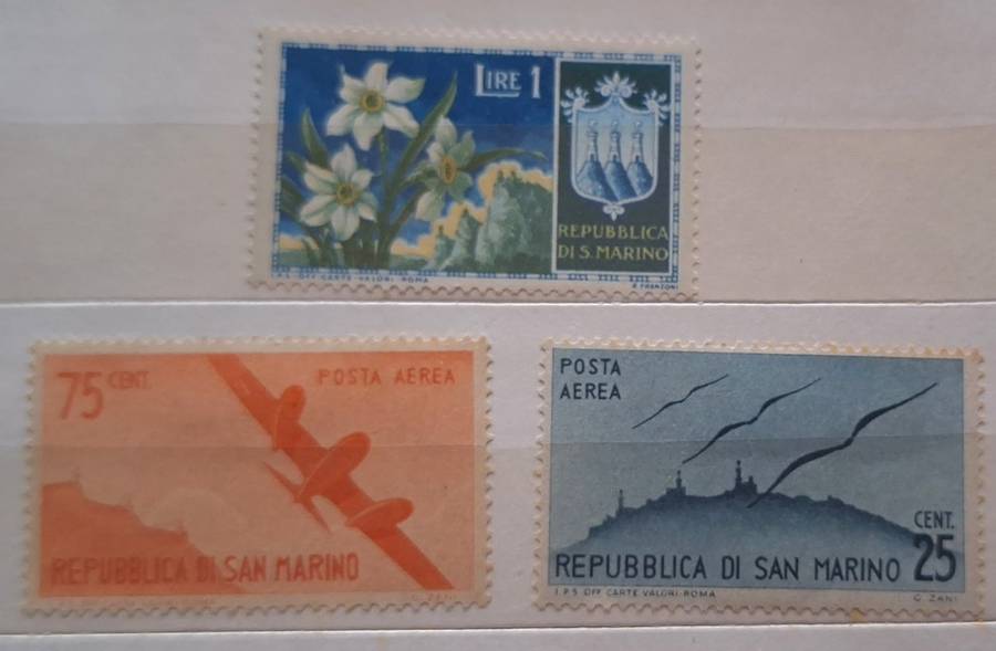 San Marino 1946 Wings Over Mt. Titano and 1953 Flowers 3 Unused Hinged stamps