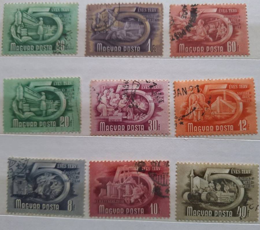 Hungary 1950 Definitives: 5 Years Plan 8 Used Hinged stamps (Plus 1 duplicate)