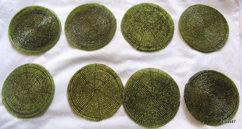 8 BEADED COASTERS : GREEN : BEADS THREADED ON WIRE - TWO TYPES (FOUR EACH)