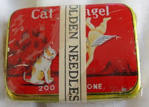 CAT and ANGEL - 200  GOLDEN  GRAMOPHONE NEEDLES - in a tin SMALL TIN