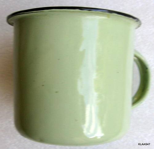 ENAMEL MUG : GREEN WITH BLACK RIM : 9cm DIAMETER