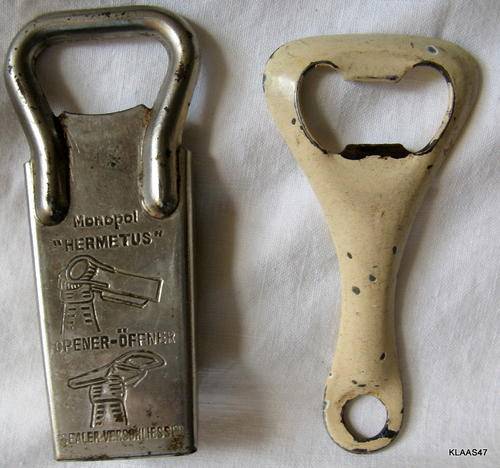 2 BOTTLE OPENERS : MONOPOL - HERMETUS - OPENER/SEALER : & ENAMEL OPENER (CHIPPED)