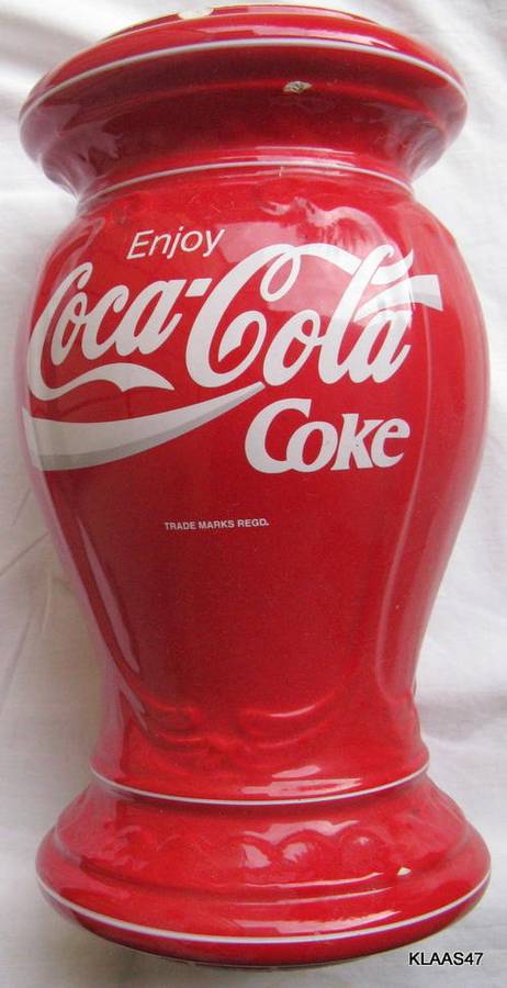 PORCELAIN PEDESTAL : ENJOY COCA-COLA : 30cm HIGH - TOP DIAM 12.5cm : **NOTE CHIPS**