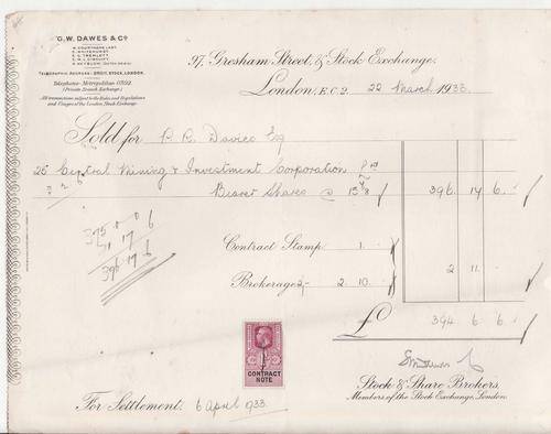 G.W.DAWES & CO : STOCK & SHARE BROKERS, LONDON : 6 APRIL 1933 : 25 CENTRAL MINING & INV  CORP SHARES