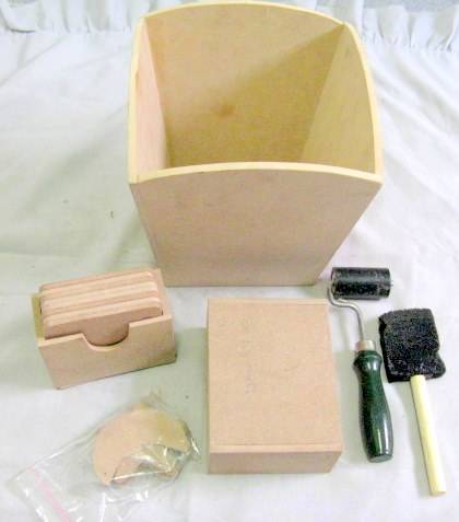 DECOUPAGE - ROLLER, SPONGE AND FOUR UNWORKED ITEMS