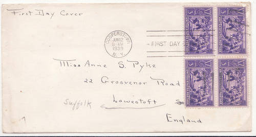 BASEBALL CENTENIAL : FIRST DAY OF ISSUE : COOPERSTOWN JUN 12 1939 : BLOCK OF FOUR