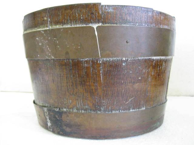 WOODEN  PLANTER : COPPER BANDS : DIAMETER 20cm : DEPTH 13.3cm