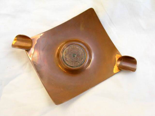 COPPER ASHTRAY : RICHARD MEAD : MADE IN S. RHODESIA : ONE PENNY 1963 IN CENTRE