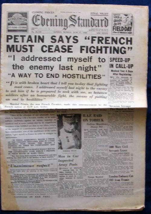 EVENING STANDARD  LONDON  MONDAY  JUNE 17  1940  PAPER HAS BEING FOLDED IN HALF