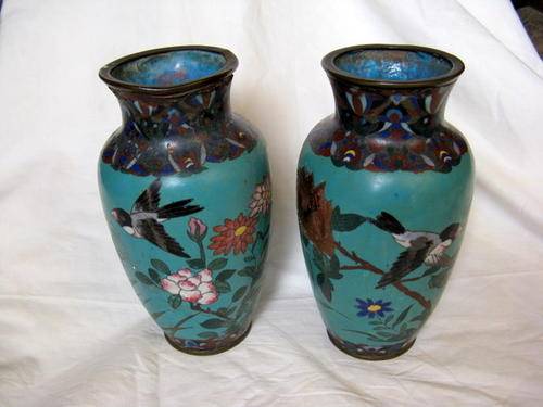 PAIR OF CLOISONNE VASES : EACH 18.5cm HIGH : **BOTH DAMAGED** SEE PICTURES FOR DETAILS
