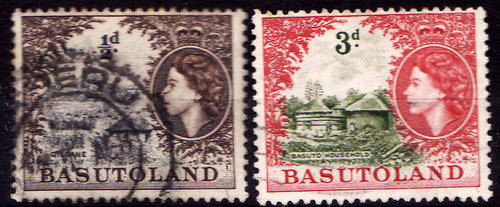 BASUTOLAND : COLONIAL - QUEEN ELIZABETH II : 2 USED POSTAGE STAMPS - PREVIOUSLY HINGED