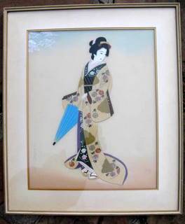JAPANESE LADY  : LOOKS LIKE PAINTED ON MATERIAL : FRAMED SIZE 53 x 44.6 cm