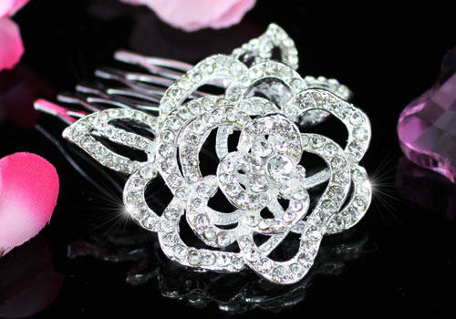 Rose Crystal Silver Plated Hair Comb (In Stock)