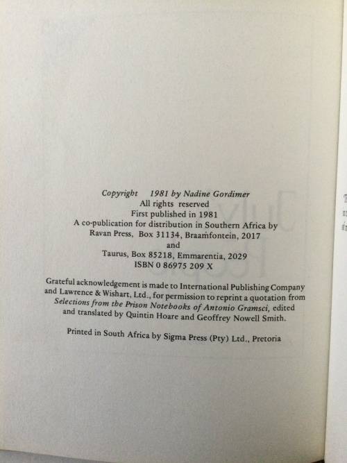 July`s People, Nadine Gordimer, 1981, first edition