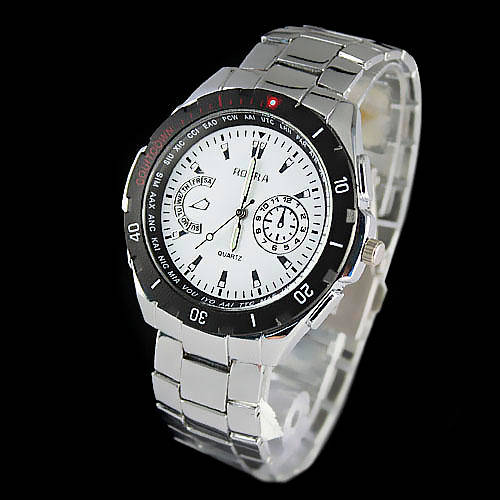 Men's Casual Quartz Watch Silver Dial Large Case Stainless Steel White Band