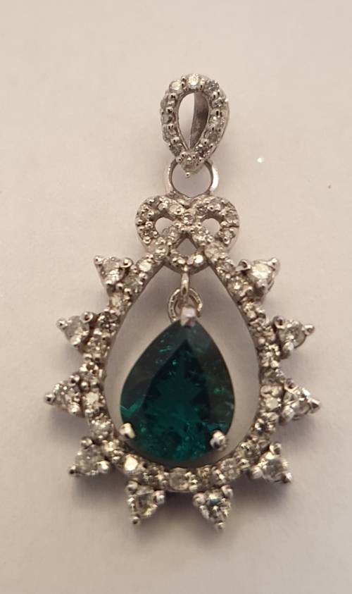 14ct White Gold EGL Double Certified Natural Diamond & Zambian Pear Shape Emerald Pendant 1.80tcw