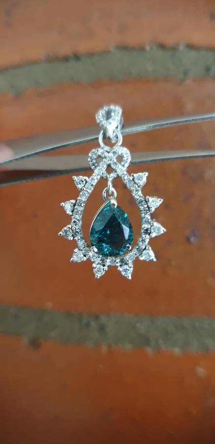 14ct White Gold EGL Double Certified Natural Diamond & Zambian Pear Shape Emerald Pendant 1.80tcw