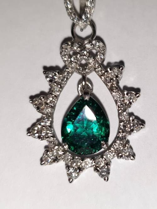 14ct White Gold EGL Double Certified Natural Diamond & Zambian Pear Shape Emerald Pendant 1.80tcw