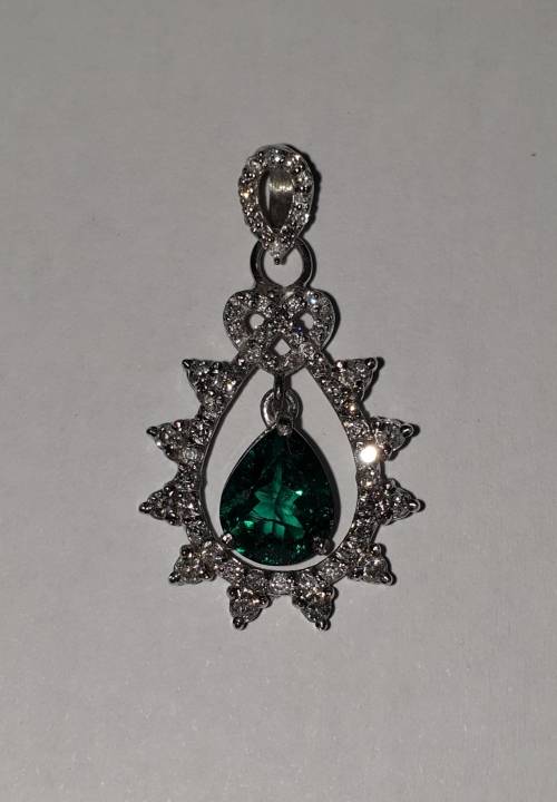 14ct White Gold EGL Double Certified Natural Diamond & Zambian Pear Shape Emerald Pendant 1.80tcw