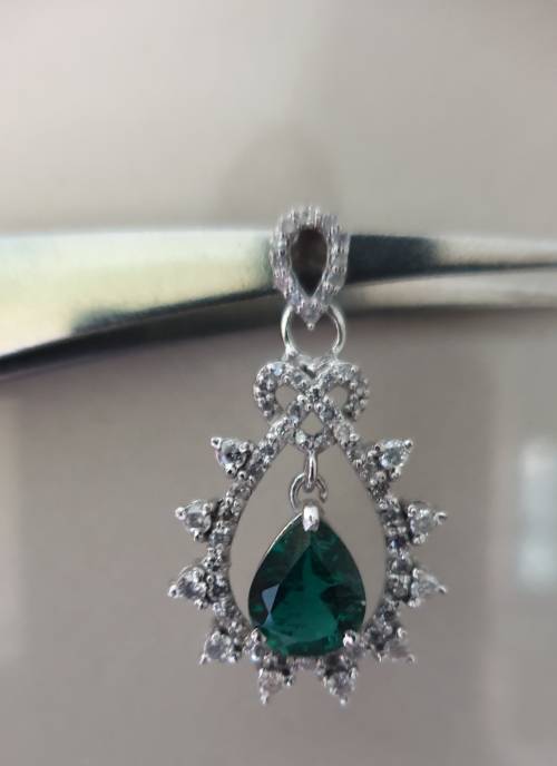 14ct White Gold EGL Double Certified Natural Diamond & Zambian Pear Shape Emerald Pendant 1.80tcw