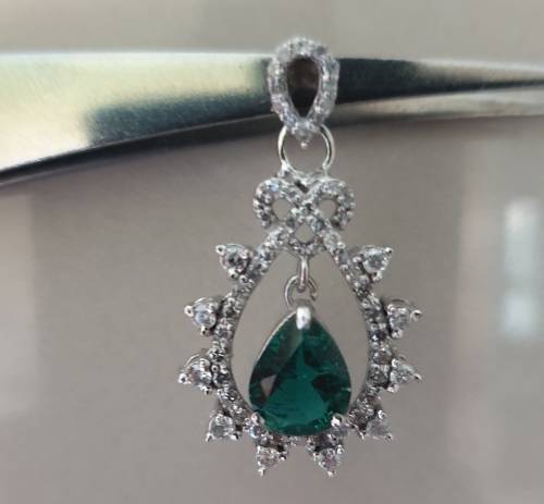 14ct White Gold EGL Double Certified Natural Diamond & Zambian Pear Shape Emerald Pendant 1.80tcw