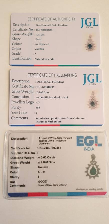 14ct White Gold EGL Double Certified Natural Diamond & Zambian Pear Shape Emerald Pendant 1.80tcw