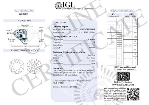 IGL Certified Natural Loose Diamond: 0.70ct  SI2/F ! R52 300 IDEAL ROUND BRILLIANT - STUNNING