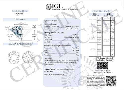 IGL LAB Certified Natural Fancy VIVID BLUE Diamond: 0.83ct Round Briliant Ideal Cut !