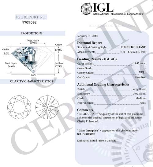 Stunning IGL Certified Natural Loose Diamond: 0.45ct  VVS1/H - NEAR FLAWLESS !