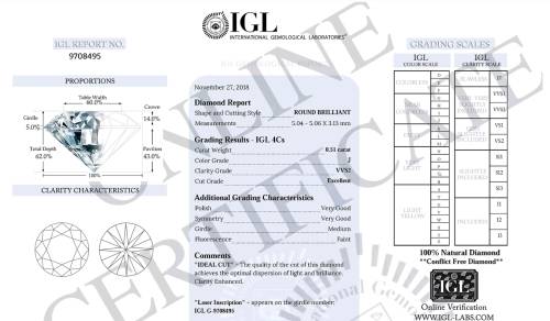 Stunning 0.51ct Lab Certified Natural Round Cut Diamond VVS2 / J Gorgeous Tone !