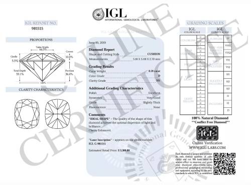 *ICE WHITE BRILLIANCE* 0.59ct IGL LAB Certified Natural Cushion Cut Diamond SI1/D ! - Stunning !
