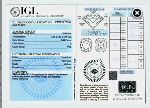 Stunning 1.00ct IGL Lab Certified Natural Cushion Cut Diamond VS2/D - Brilliance !