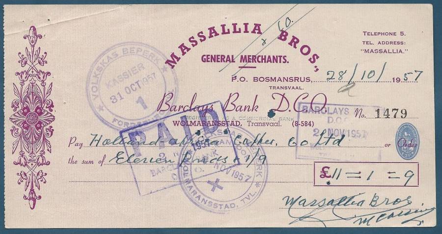 RSA Barclays Bank - Massallia Bros Cheque to Holland Afrika Koffie BPK 1957