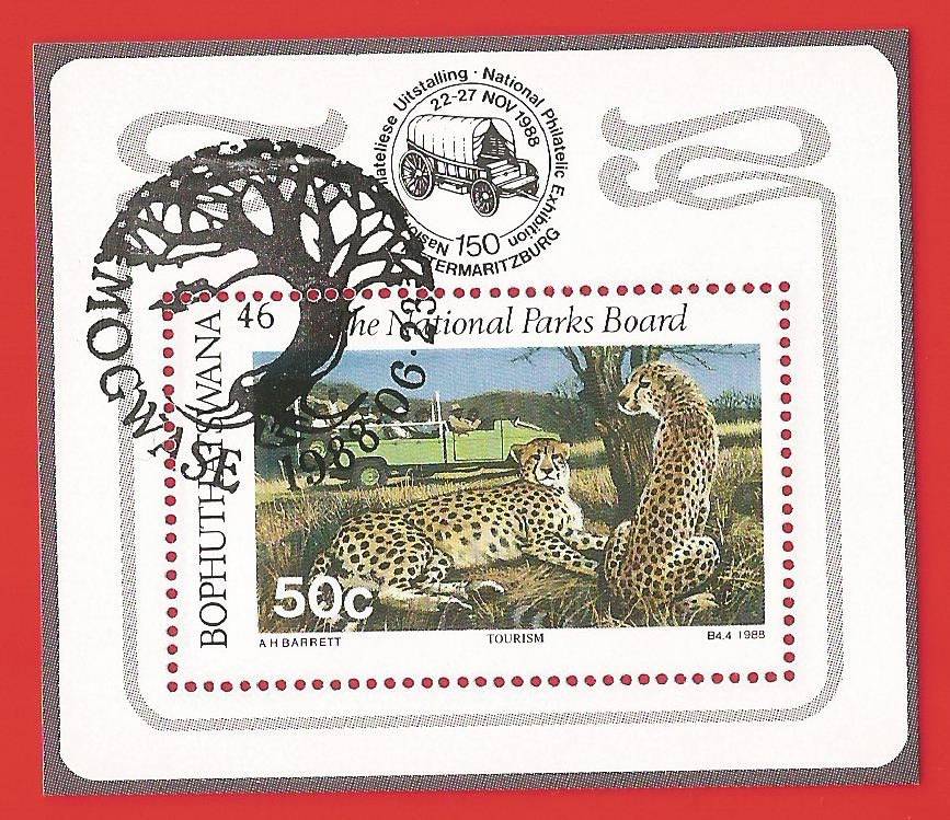 Bophuthatswana-1988- M/S-CTO- SACC 205a-Thematic-Fauna-Cheetahs-Tourism-Transport