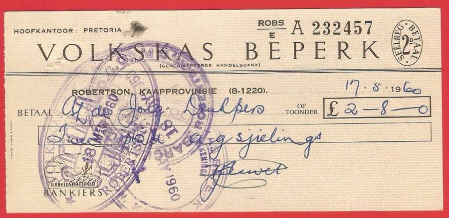 Union of SA-Volkskas Beperk-Cheque-1960-Postmark-Cancel