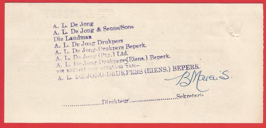 Union of SA-Volkskas Beperk-Cheque-1960-Postmark-Cancel