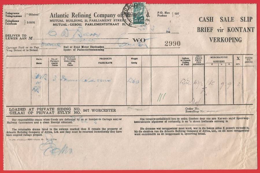 Union of SA-Atlantic Refining Company Of Africa Ltd(BP)-Cash Sale Slip-No 2990-Cancel-Postmark