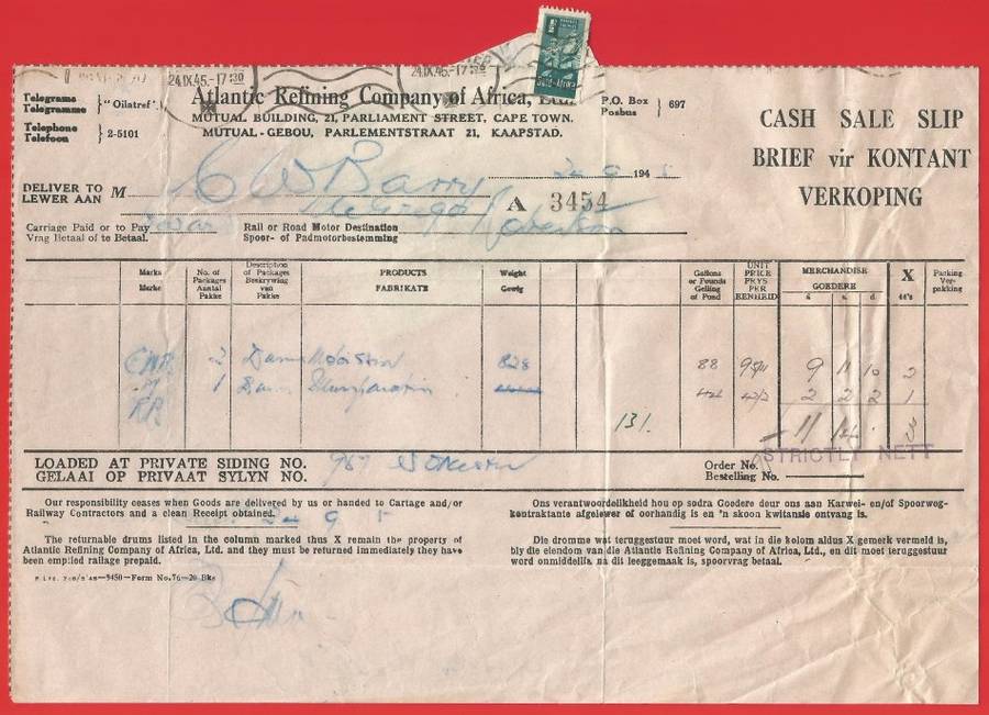 Union of SA-Atlantic Refining Company Of Africa Ltd(BP)-Cash Sale Slip+Drum Receipt-1945-Postmark