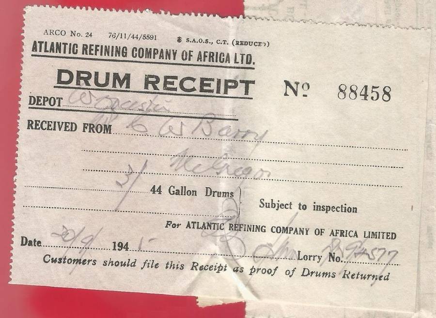 Union of SA-Atlantic Refining Company Of Africa Ltd(BP)-Cash Sale Slip+Drum Receipt-1945-Postmark