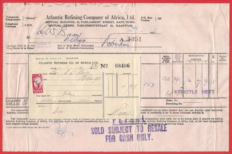 Union of SA-Atlantic Refining Company Of Africa Ltd(BP)-InvoiceandReceipt-1946-Postmark
