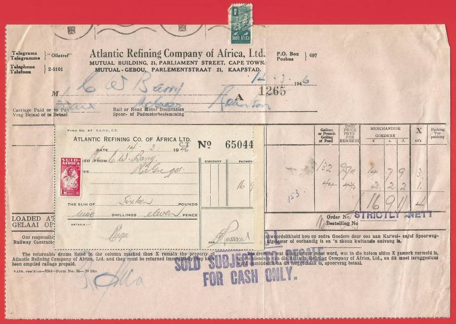 Union of SA-Atlantic Refining Company Of Africa Ltd(BP)-InvoiceandReceipt-1946-Postmark
