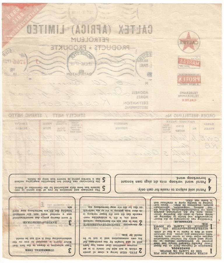 Union of SA-CALTEX AFRICA LIMITED-Cash Sale Slip-1945-Postmark