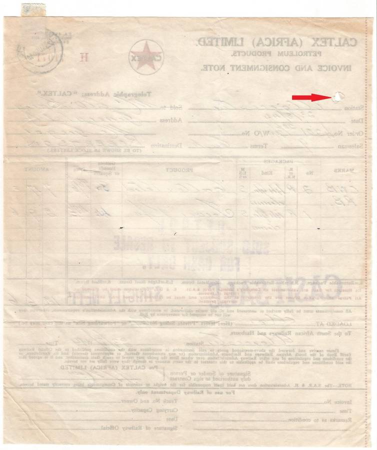 Union of SA-CALTEX AFRICA LIMITED-InvoiceandConsignment Note-1944-Postmark