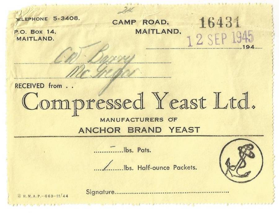 Union of SA-Compressed Yeast LTD-1945-No 16431-Receipt
